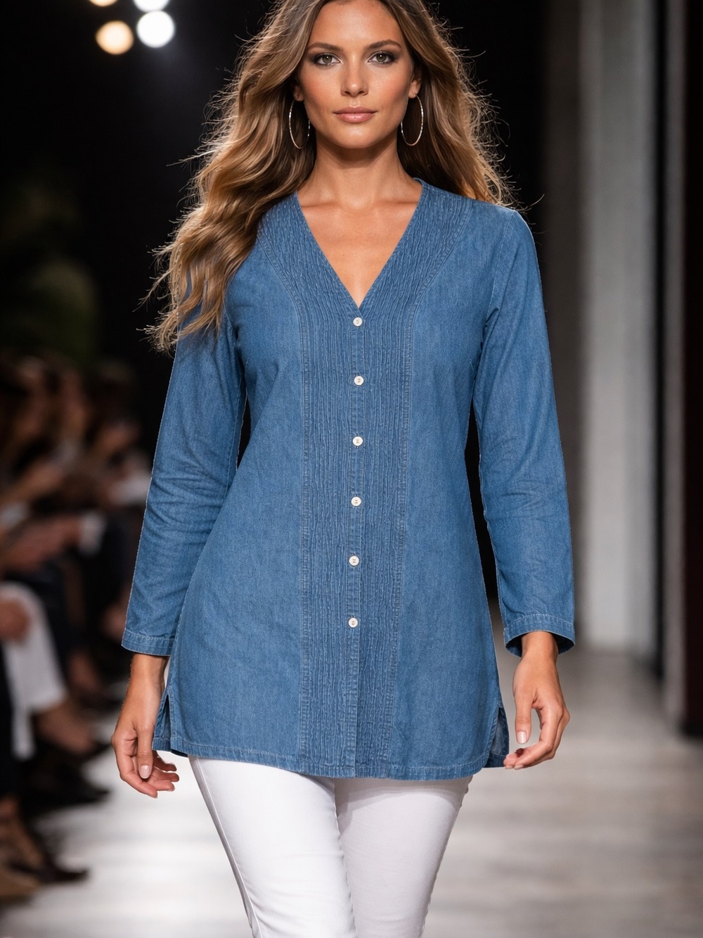 metrostyle Blue Denim Button-Front Tunic Top